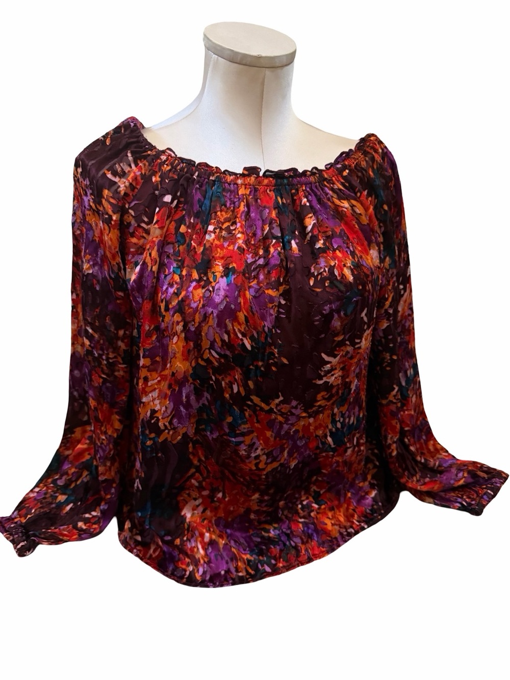 WHBM Burgundy Multi Floral Ruffle Boat Neck Blouse Silk Blend Sz S Office Career